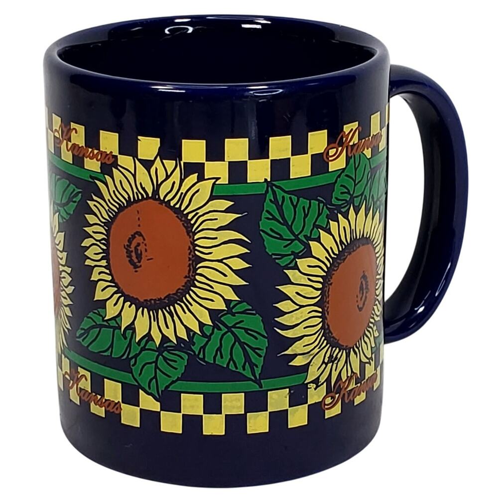 Vtg Kansas Sunflower 8 oz Cobalt Ceramic Gift Shop Mug Tableware